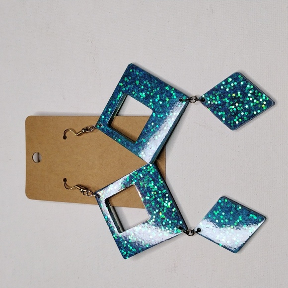 Turquoise blue sparkle square rectangle double dangle silver hook earrings - Picture 2 of 2